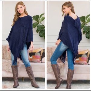 Riah Fashion Los Angeles Navy Fringed Handkerchief Hem Poncho NWT